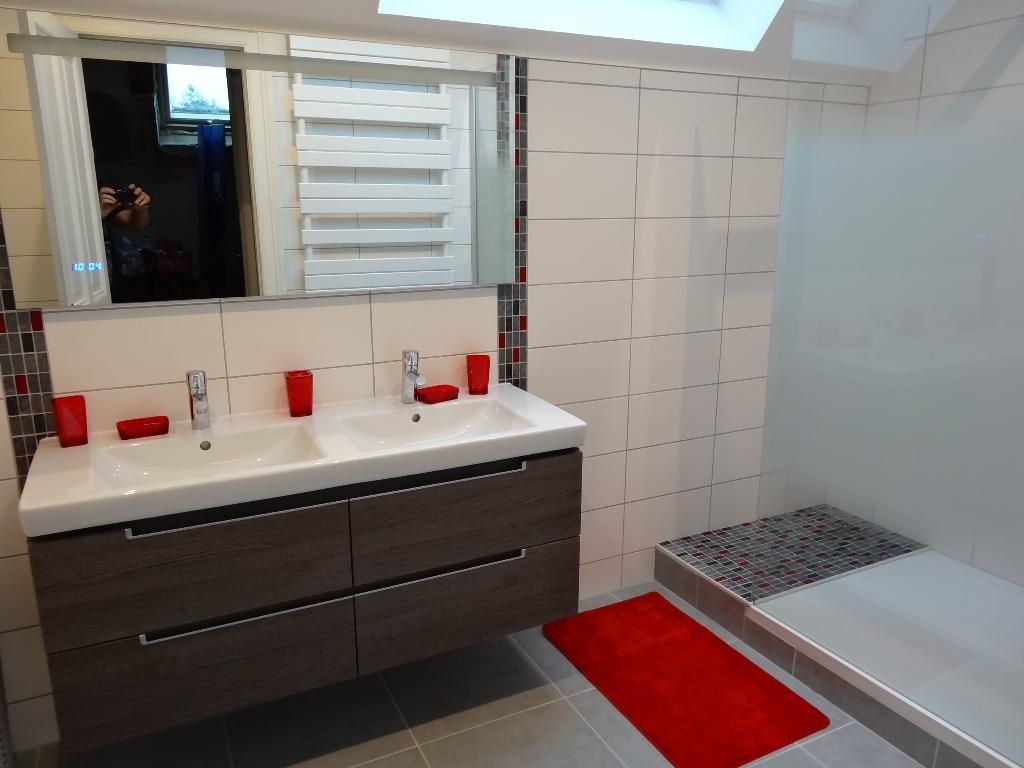 Espace vasque moderne avec robinetterie chromée et douche à l'italienne